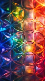 Iridescent floral geometry across luminous rainbow glass panel.