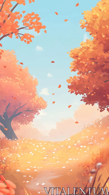 Autumn landscape with falling leaves and serene pathway