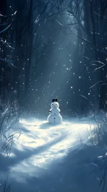 Gentle snowman greeting in a quiet moonlit winter forest.