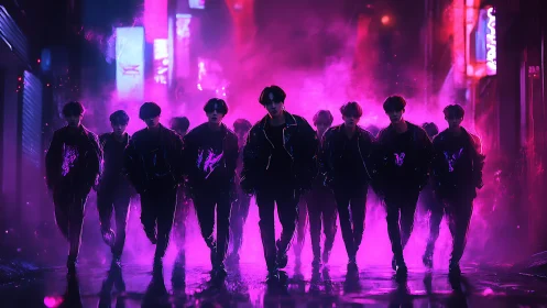Neon-cloaked street squad in vivid magenta vapor glow.