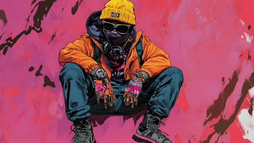 Urban streetwear drifter in neon palette against pink wall.