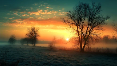 Misty sunrise glows behind bare winter trees in silence.