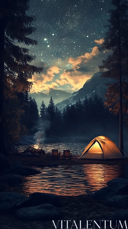 Cozy riverside campsite glowing beneath a star filled sky.