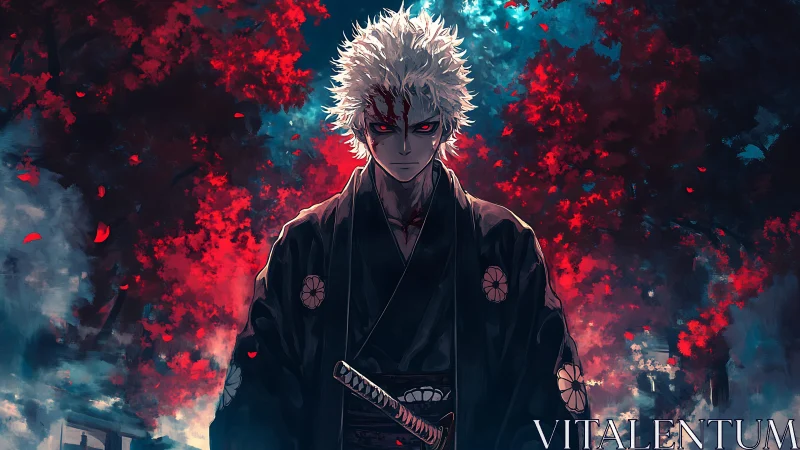 White-haired samurai stands before blazing red foliage at dusk