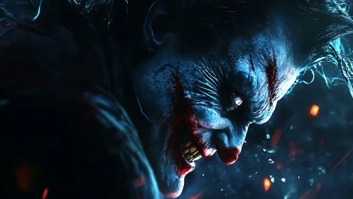 Sinister clown close-up glows in eerie cinematic lighting