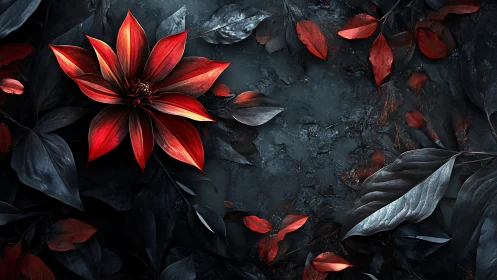 Red flower on dark textured leaves in balanced composition.