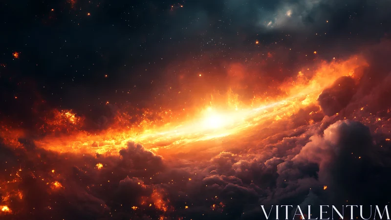 Fiery galactic sunrise ignites stormy cosmic clouds