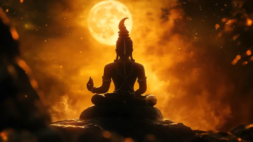 Meditating deity under a glowing moonlit ember sky.