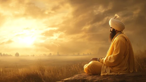 Meditating Sikh elder watches golden sunrise over misty field