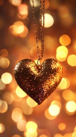 Golden glitter heart pendant glows in warm bokeh light.