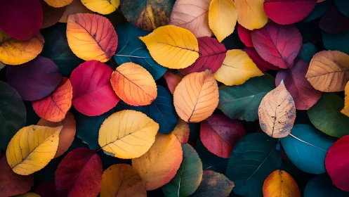 Colorful autumn leaves in tight overlapping pattern.