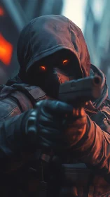 Hooded urban operative with glowing eyes aims sidearm.