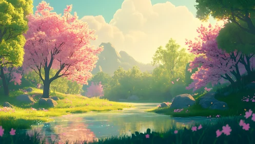 Soft spring light drifts over a tranquil cherry blossom river