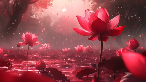 Red lotus pond in misty forest with floating petals at dusk.