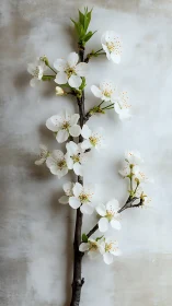 White blossoms cluster densely along dark branch against neutral background