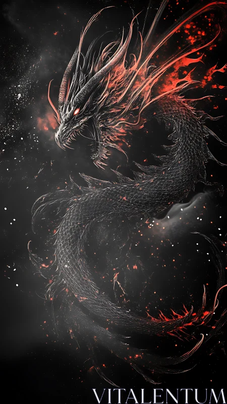 Volumetric embers tracing a serpentine infernal dragon form.