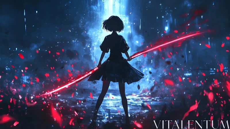 Silhouetted figure with red energy blade in wet cityscape.