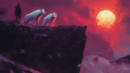 White wolves stand on cliff beside warrior under crimson moon