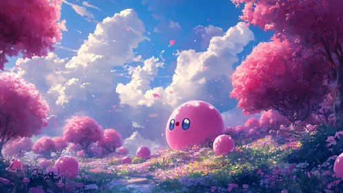 Spherical pink characters in a luminous cherry blossom meadow