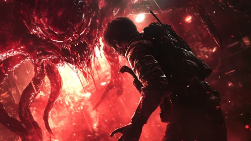 Soldier confronts infernal red monster in burning corridor.
