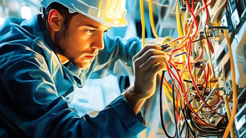 Electrical technician calibrates complex wiring panel in stylized view