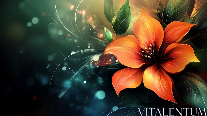 Orange Hibiscus with Luminescent Particles Against Dark Gradient.