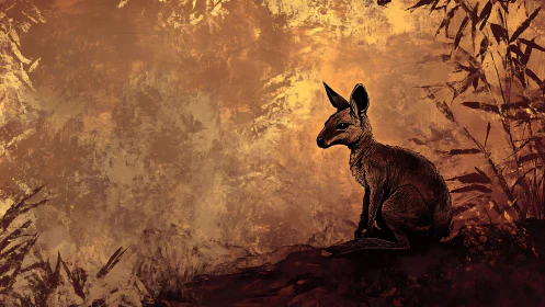 Young kangaroo rests in warm ochre dusk forest glow