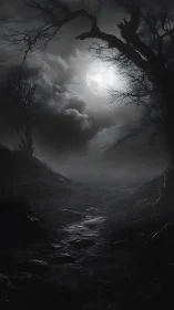 Moonlit barren path under twisted trees at night.