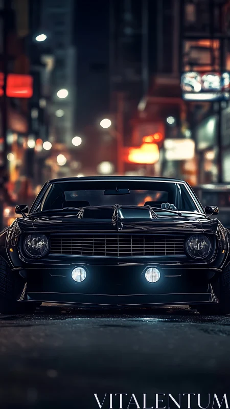 Midnight muscle car glows against neon-lit urban streets.