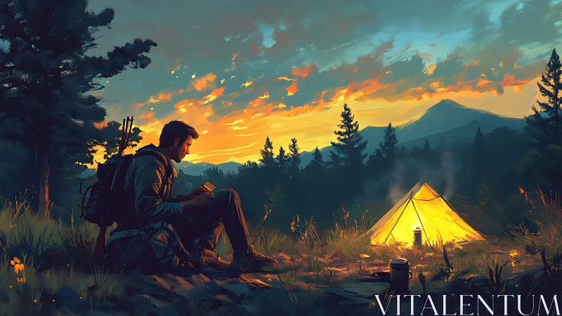 Backpacker studies map beside glowing tent under volumetric sunset