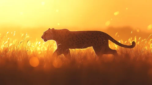 Leopard silhouette walking across golden grassland at sunset