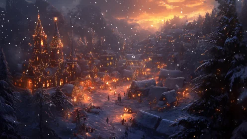 Snow-covered mountain village with illuminated winter market.