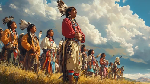 Indigenous figures in traditional dress on open grassland.