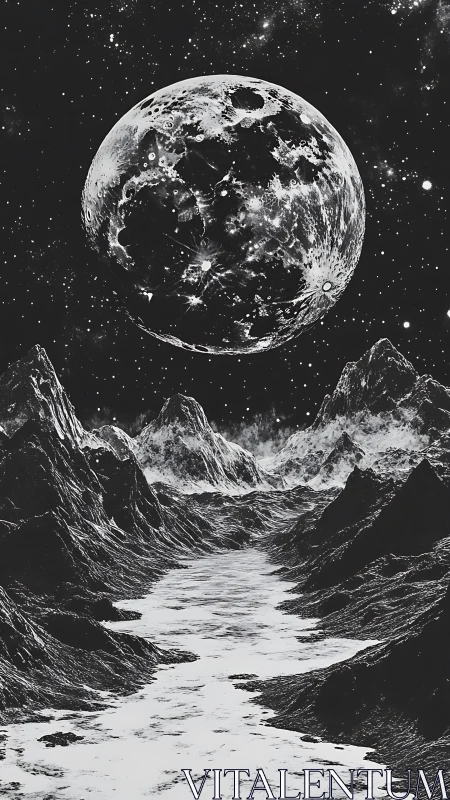 Monochrome lunar vista with river valley and towering satellite.
