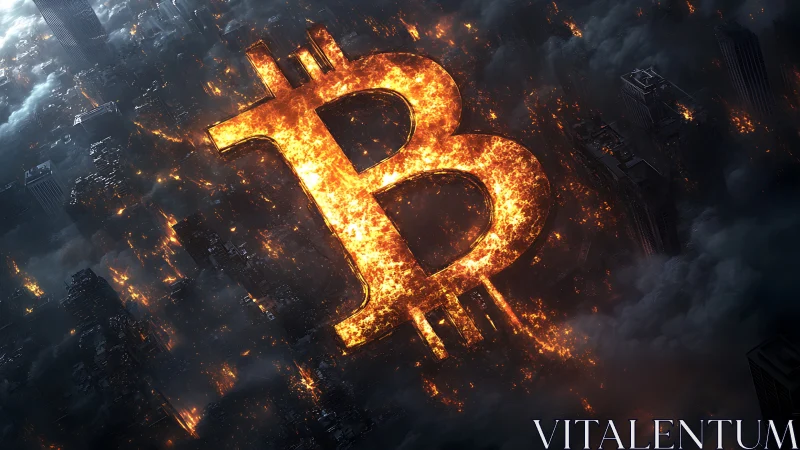 Bitcoin symbol blazes over dystopian burning megacity.