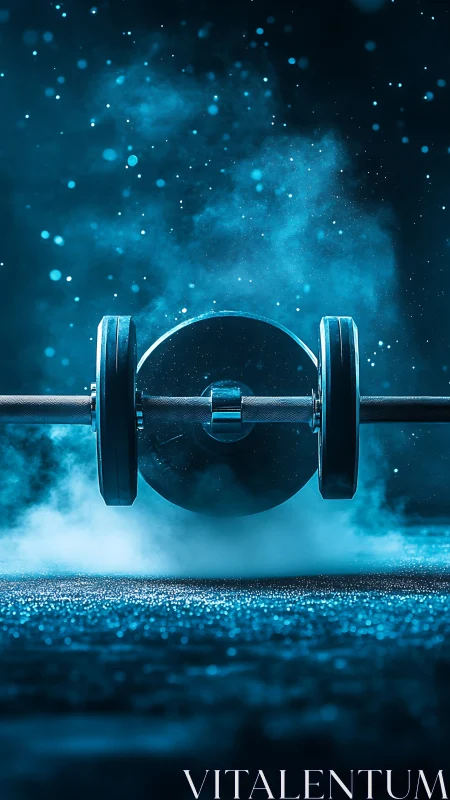 Chromatic barbell inertia in cinematic blue gym atmosphere.