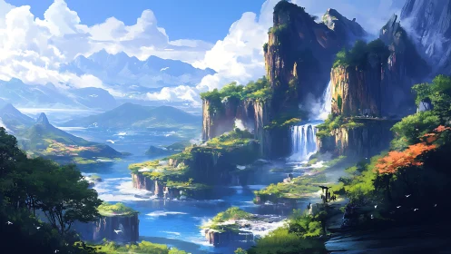 Epic Fantasy Landscape with Towering Cliffs and Cascading Waterfalls
