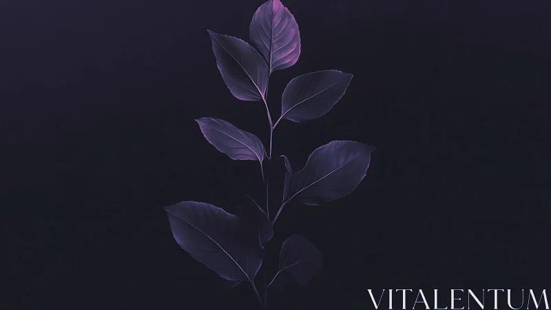 Minimalist branch with purple leaves on dark background, digital art.