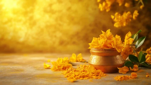 Golden blossoms and turmeric glow in a serene still life.