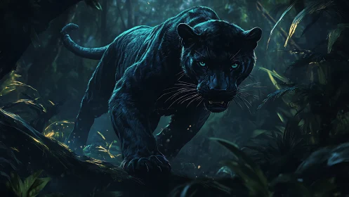 Bioluminescent Panther in Nocturnal Jungle Environment.