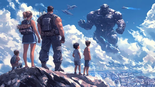 Family stands united as a colossal sky titan approaches.