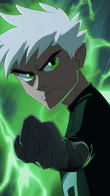 Anime ghost hero with glowing green energy aura portrait.