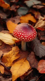 Photorealistic fly agaric amid layered autumn leaf litter.