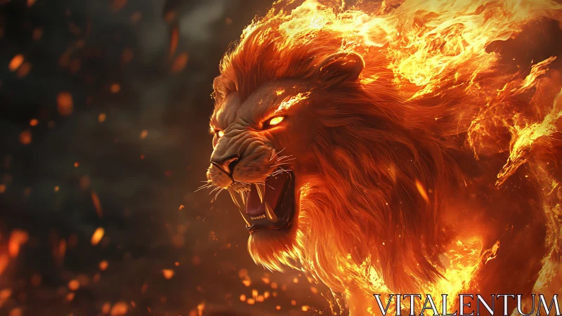 Fiery lion roars as blazing mane ignites the stormy dark.