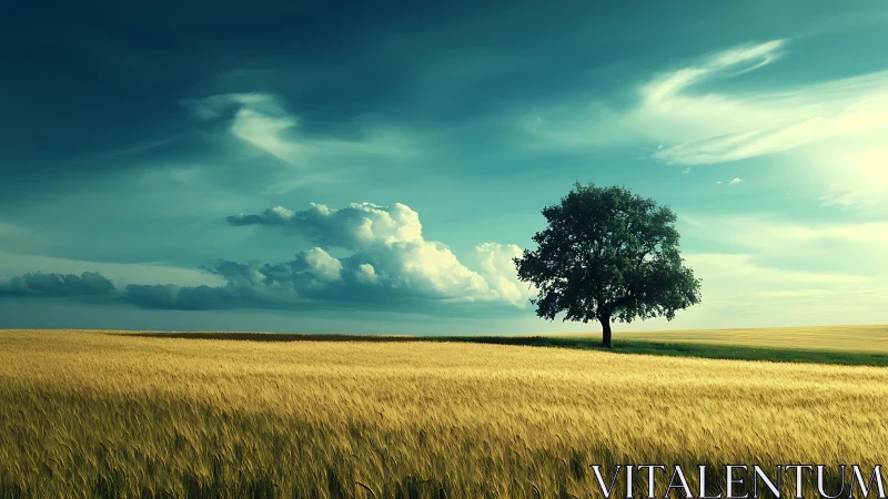 Solitary oak dominating golden wheat field under teal sky.