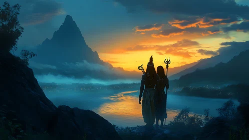 Mythic riverfront deities at twilight before pyramidal peak