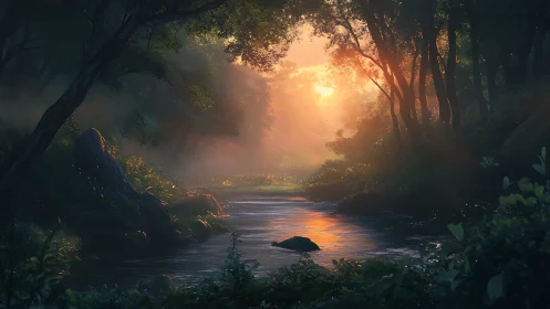 Enchanted Forest River Glows at Golden Hour