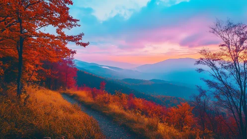 High-saturation autumn ridge trail under gradient sunset sky