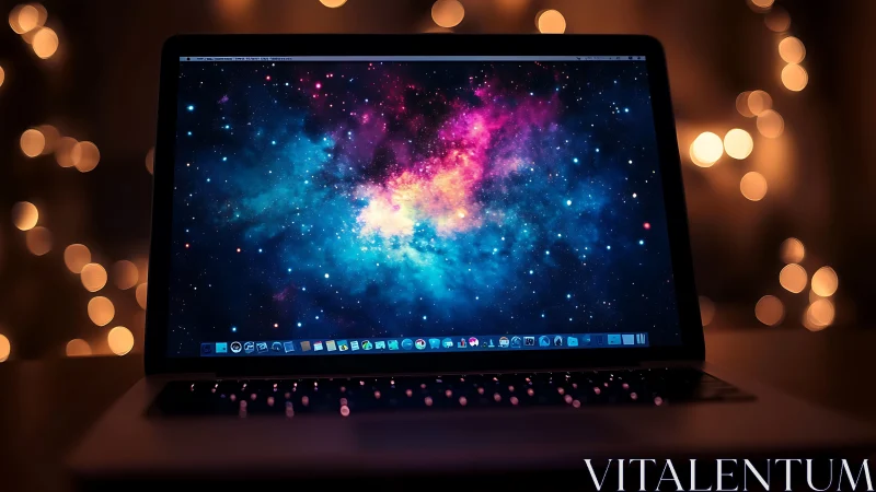 Laptop display renders high-saturation nebula wallpaper with bokeh lights
