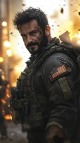 Battle-hardened hero pausing in the glow of chaos and grit.